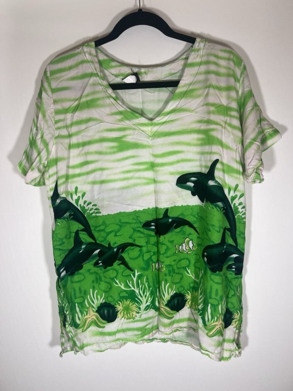 Funky Vintage 80s neon green dolphins vneck rayon shirt sz L Thailand streetwear